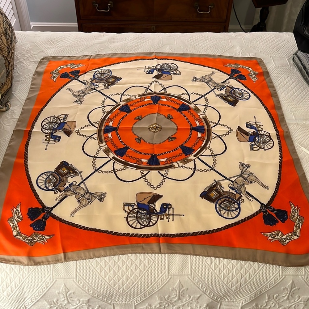 100% SILK SCARF IN THE STYLE OF HERMES (BUT NOT AUTHENTIC HERMES)—27” SQUARE